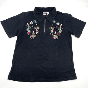 Vintage 90s Passion-1 Black Navajo Embroidered Kokopelli Rhinestone Shirt S
